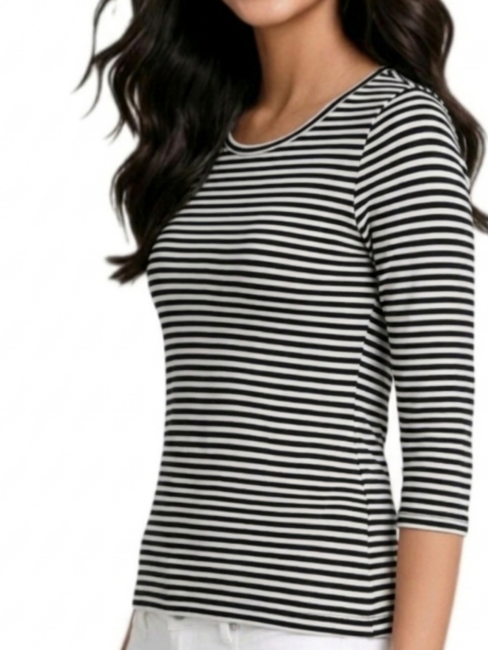 THREE Dots 3/4 Sleeve British Tee In Black/White Stripe Size Med